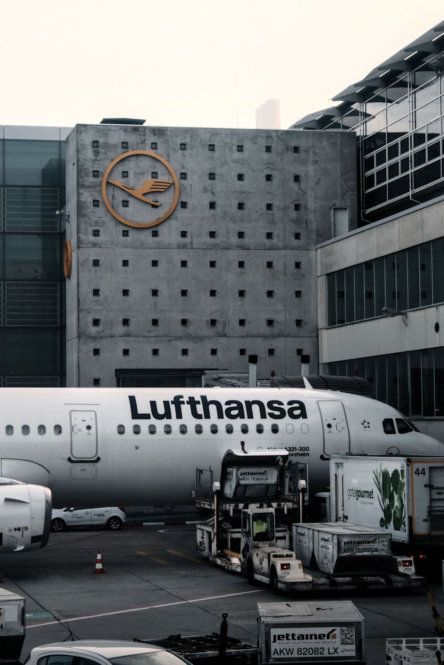 lufthansa airplane at frankfurt airport terminal