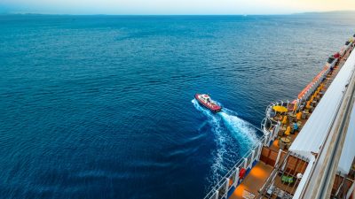 high angle view of people sailing on sea