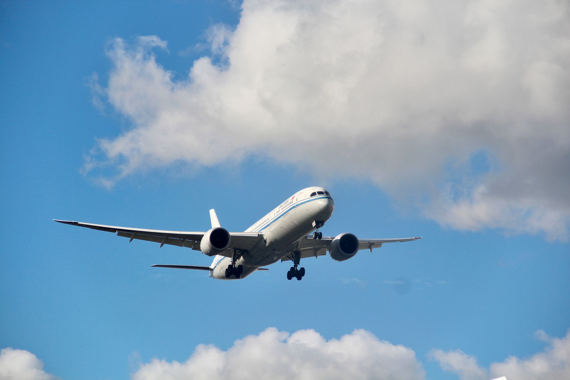 commercial airplane flying in clear blue sky