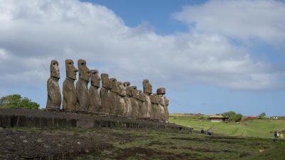 moai statues of easter island under blue skies