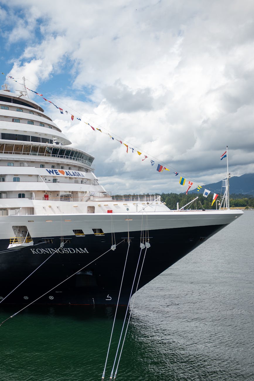 cruise ship koningsdam docked in scenic port