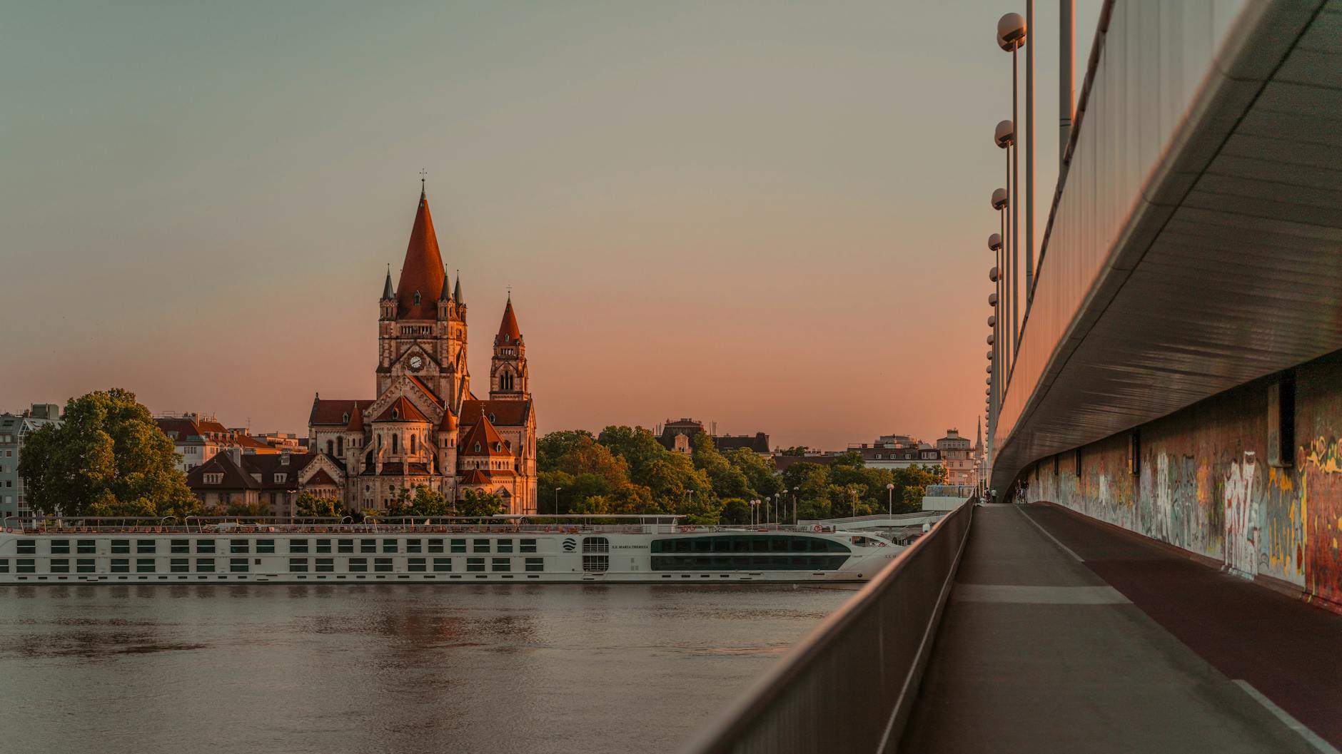 stunning sunset view of st francis of assisi church vienna
