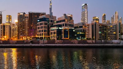 dubai skyline with burj khalifa at twilight