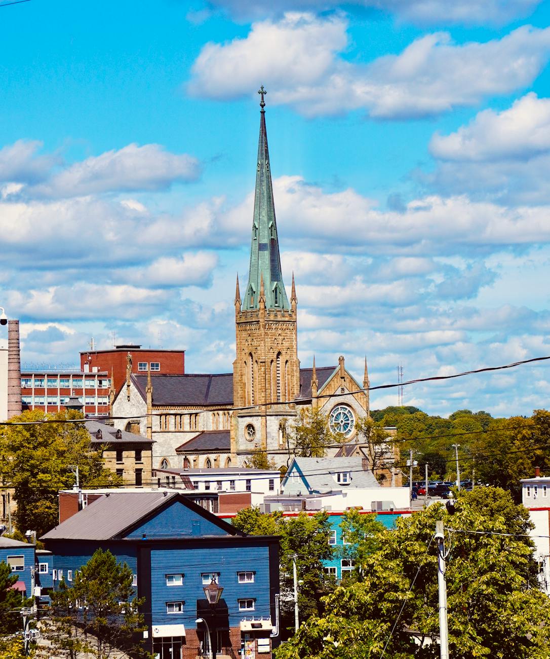 historic cathedral and colorful urban skyline