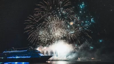 spectacular fireworks over cruise ship at night