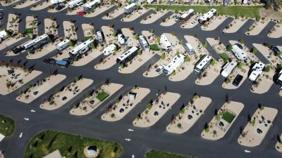 aerial view of rv park with modern amenities