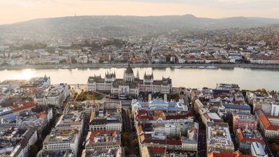 aerial view of budapest with hungarian parliament