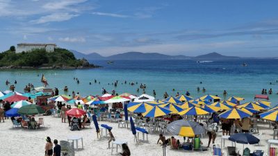 vibrant beach scene with colorful umbrellas