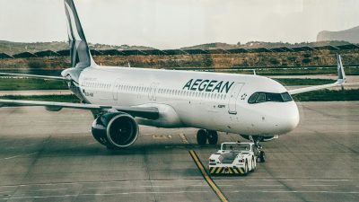 aegean airlines aircraft on tarmac at airport