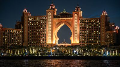 atlantis the palm illuminated at night