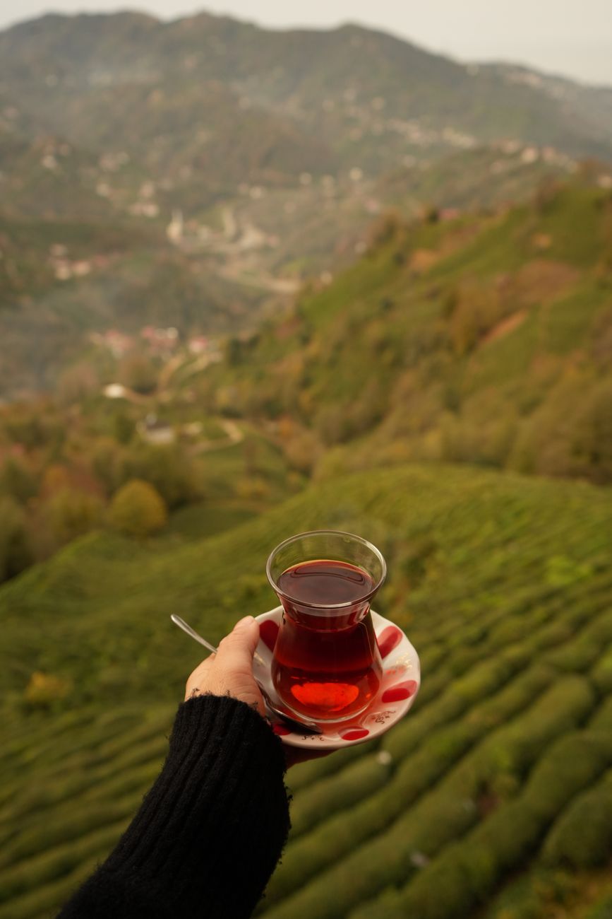 scenic view with turkish tea on mountain terrace