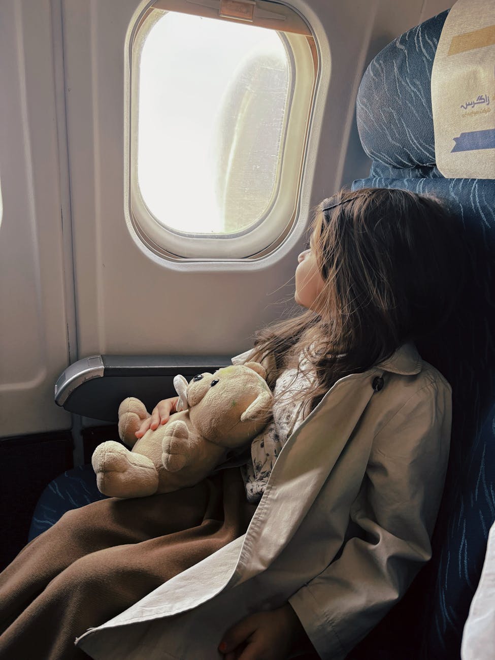 young girl with teddy bear gazing from airplane