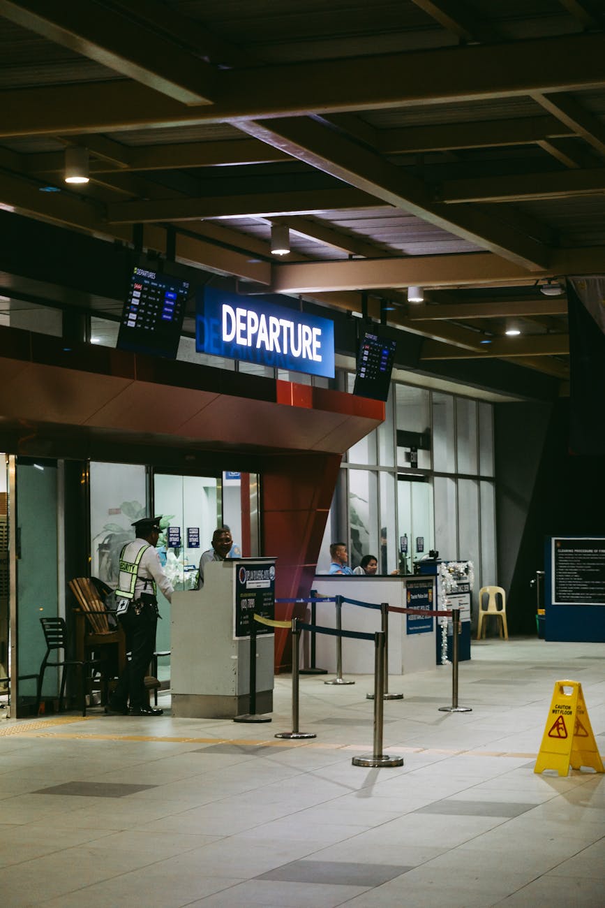 modern airport departure gate at night