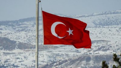 turkish flag in snowy mengen landscape