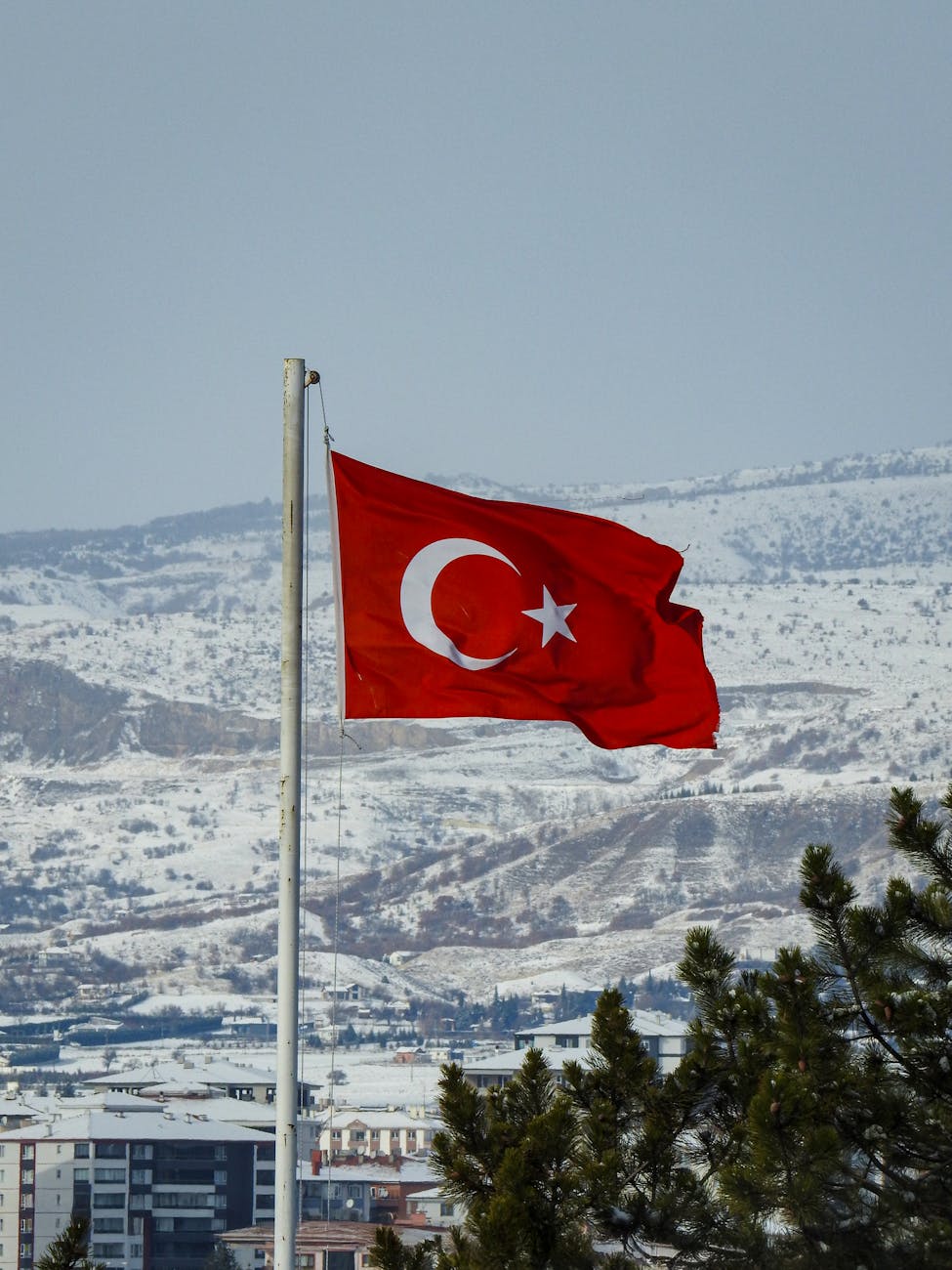 turkish flag in snowy mengen landscape