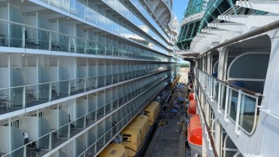 aerial view of two docked cruise ships