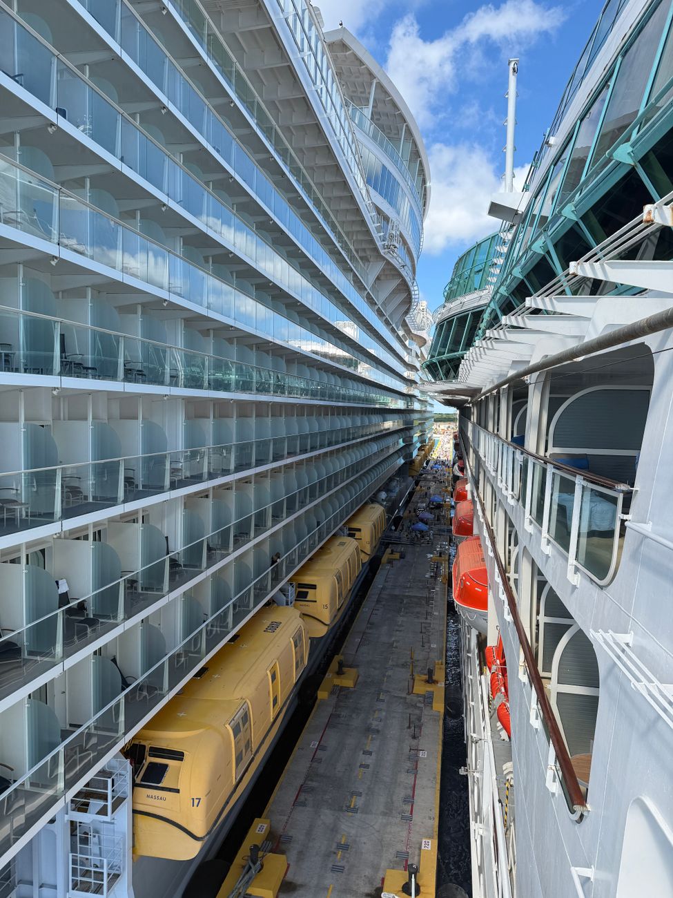 aerial view of two docked cruise ships