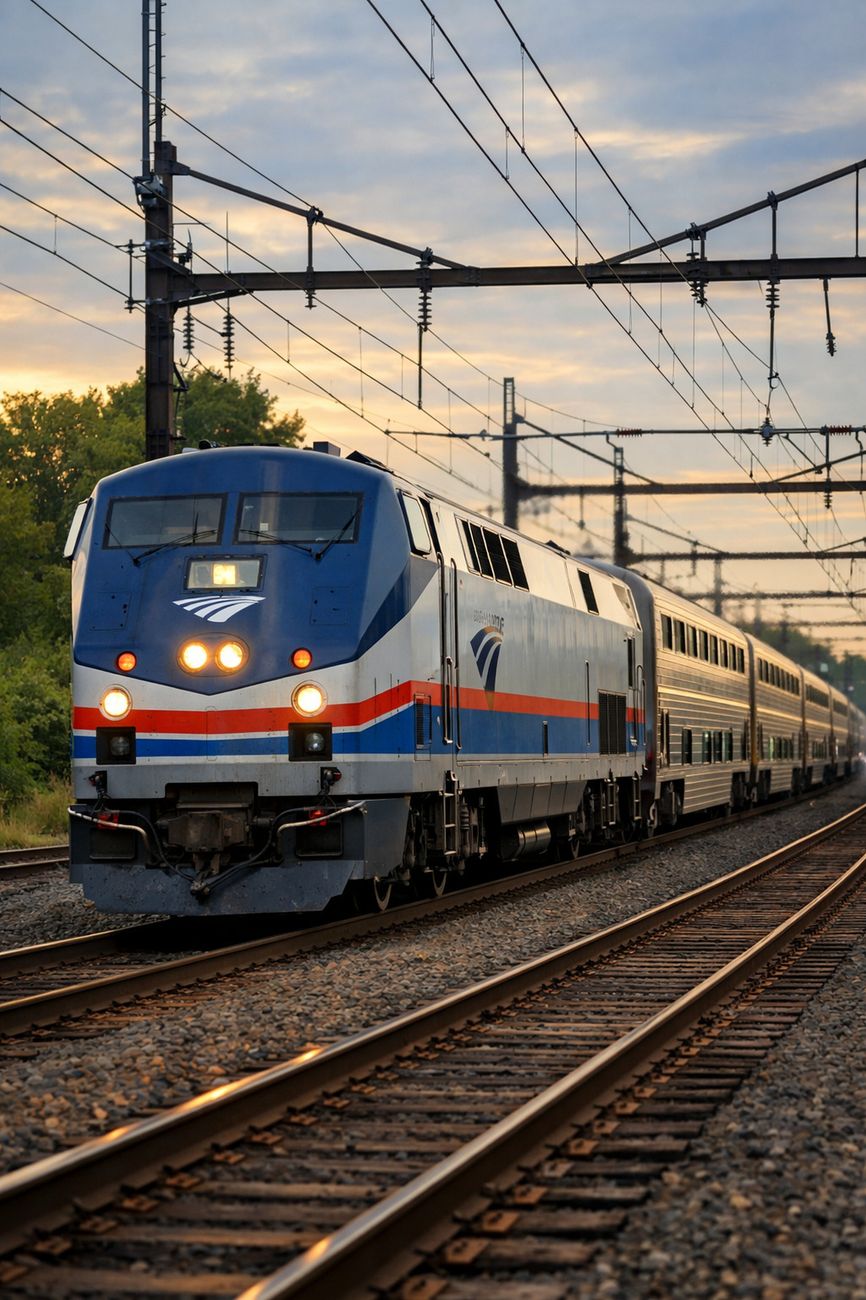 amtrak train on track during sunset