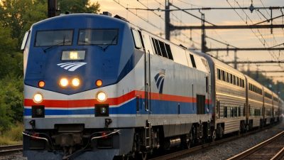 amtrak train on track during sunset