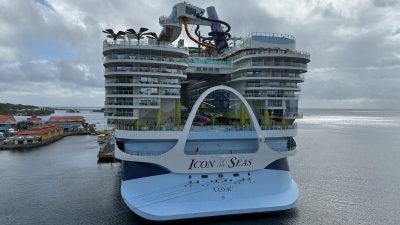 icon of the seas cruise ship docked at harbor