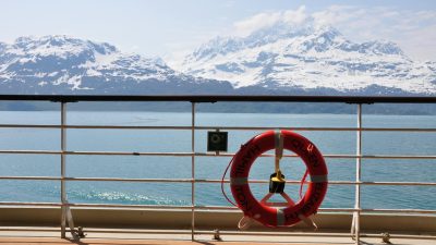 snowy mountains view from ship in alaska