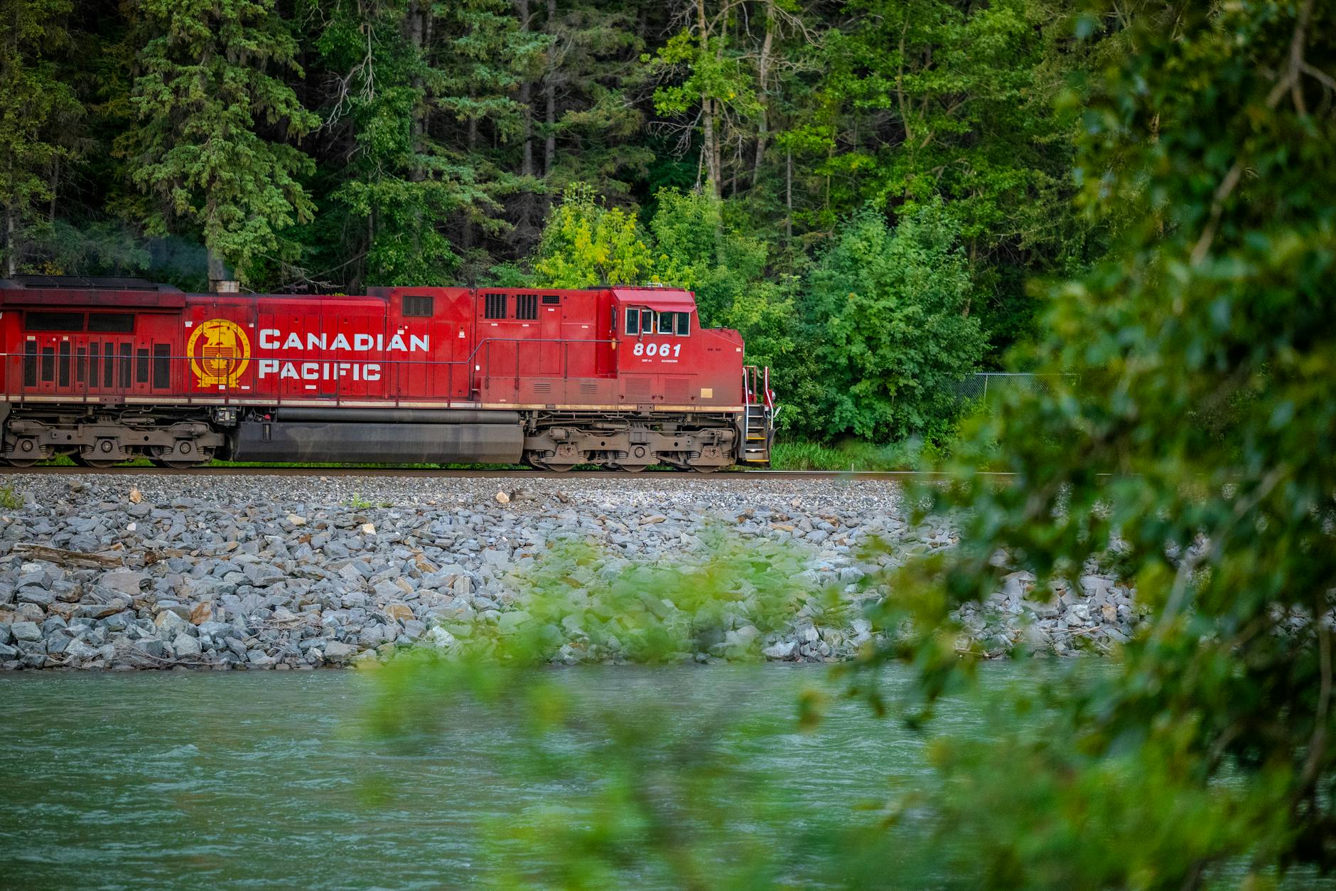 canadian pacific train in lush calgary landscape