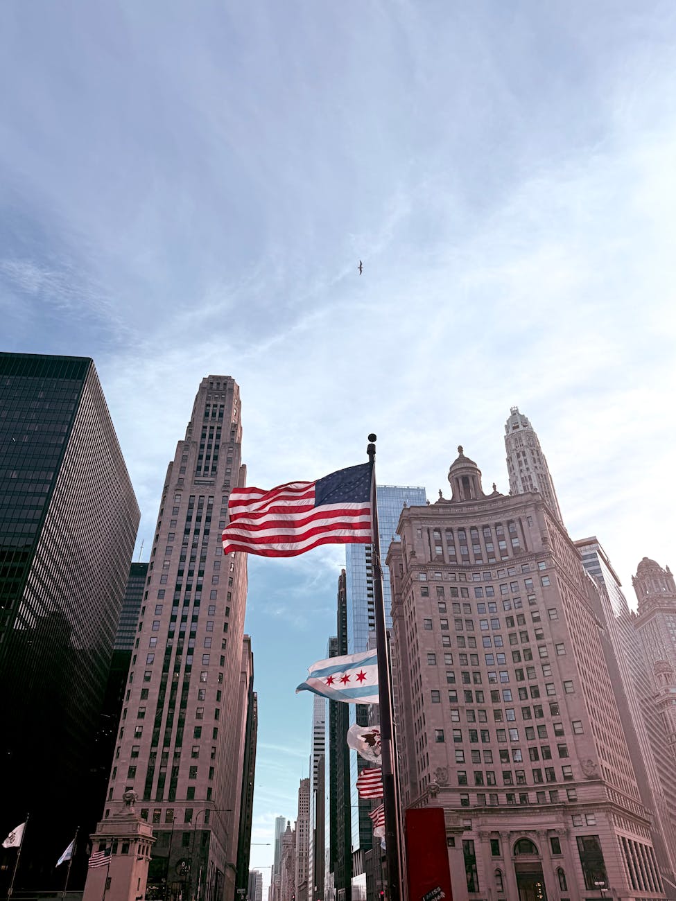 iconic skyscrapers and flags in downtown chicago
