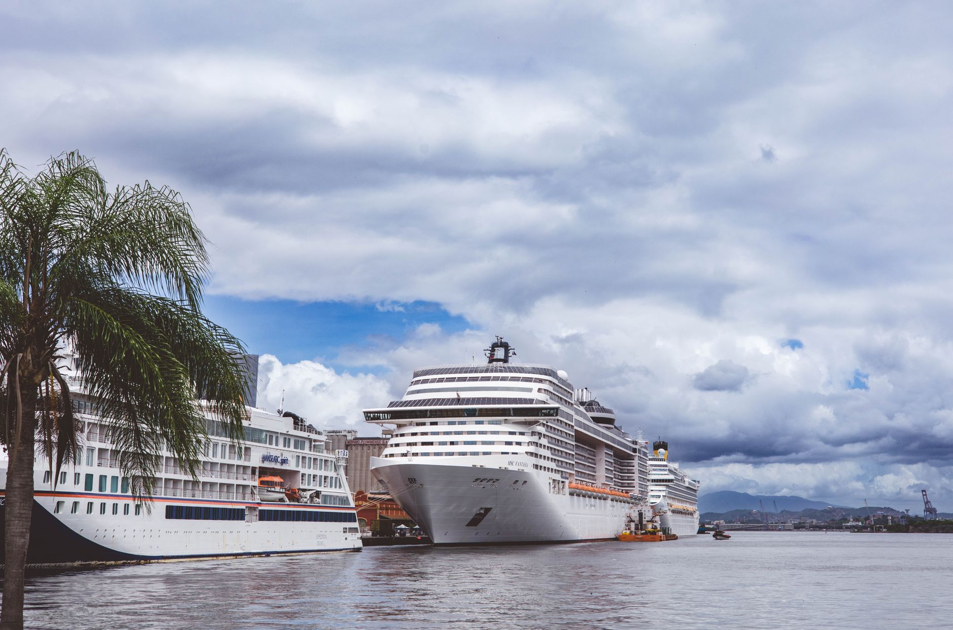 large cruise ships docked at a tropical port