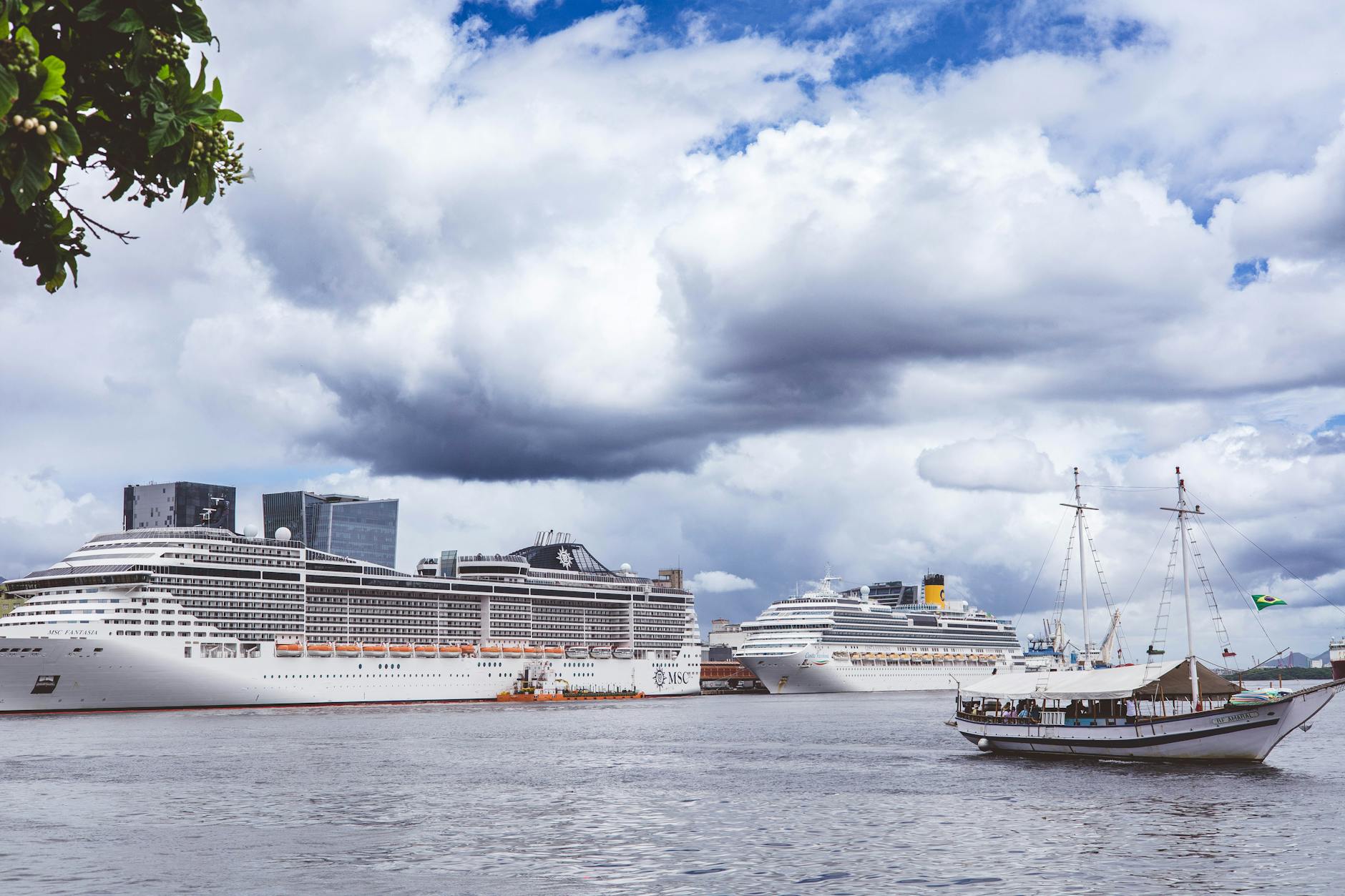 luxurious cruise ships docked in bustling harbor