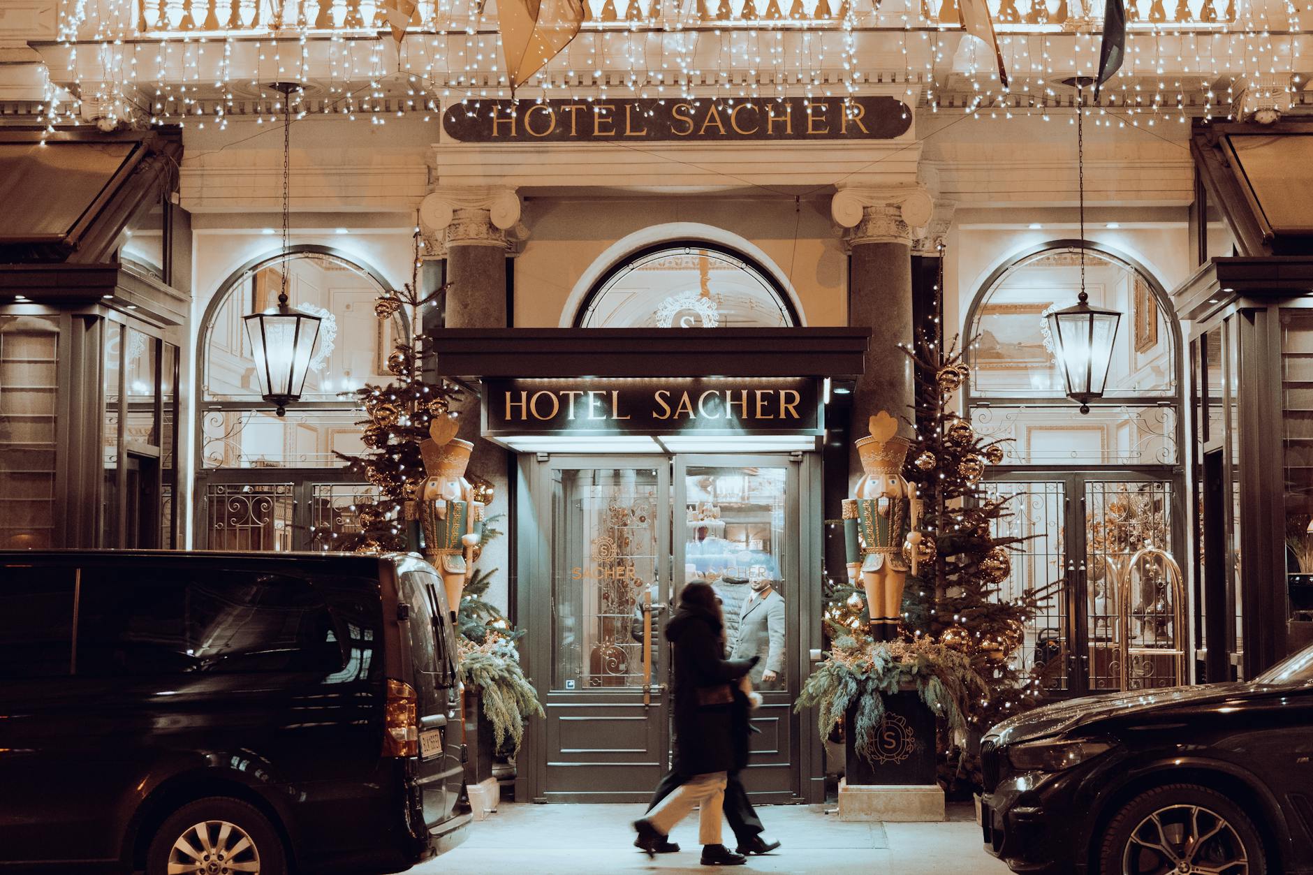 hotel sacher entrance at night in vienna