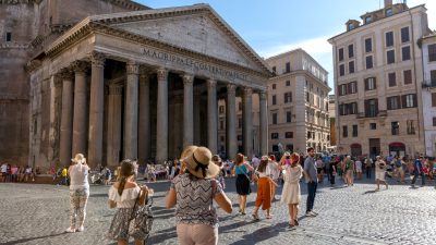 tourists exploring the historic pantheon in rome