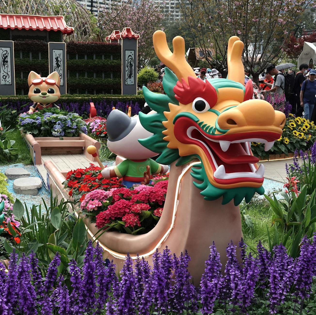 vibrant spring festival display with dragon statue