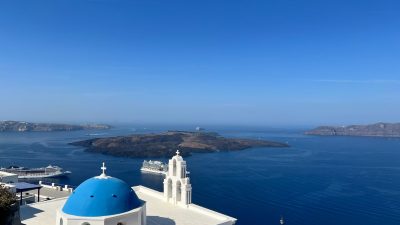 scenic view of santorini s blue domed churches