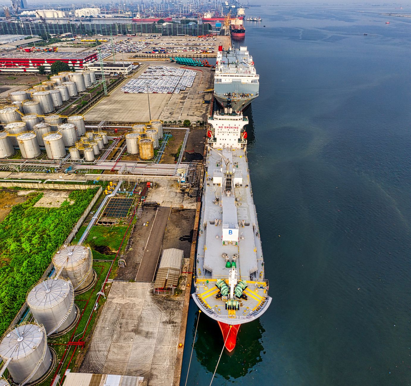 drone shot of a docked oil tanker