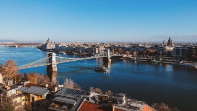 clear sky over river in city