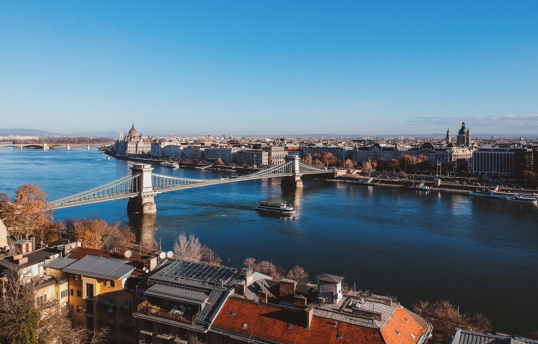 clear sky over river in city