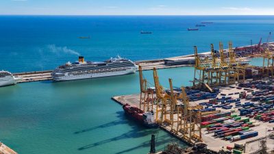 tropical industrial harbor with cruise ships