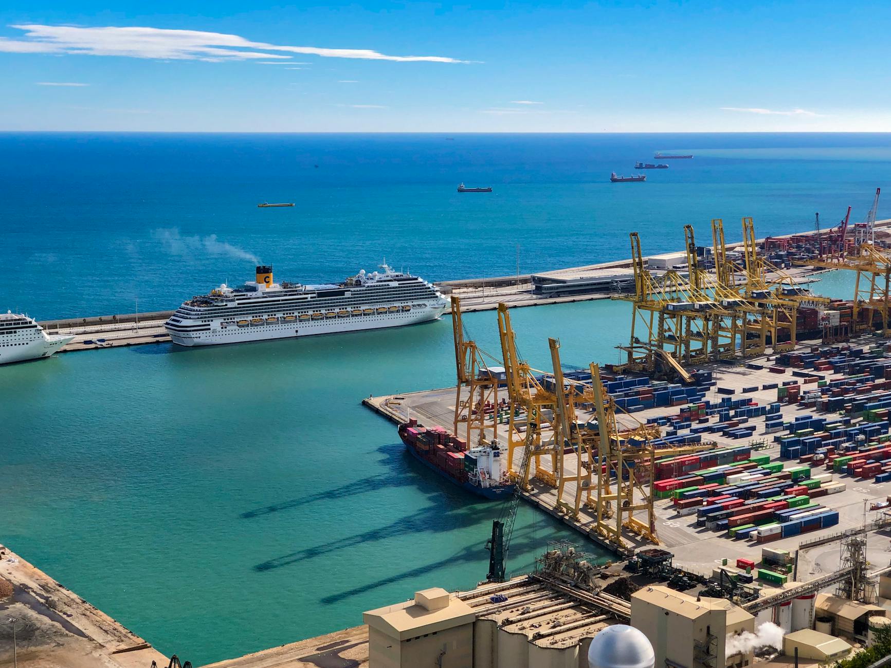 tropical industrial harbor with cruise ships