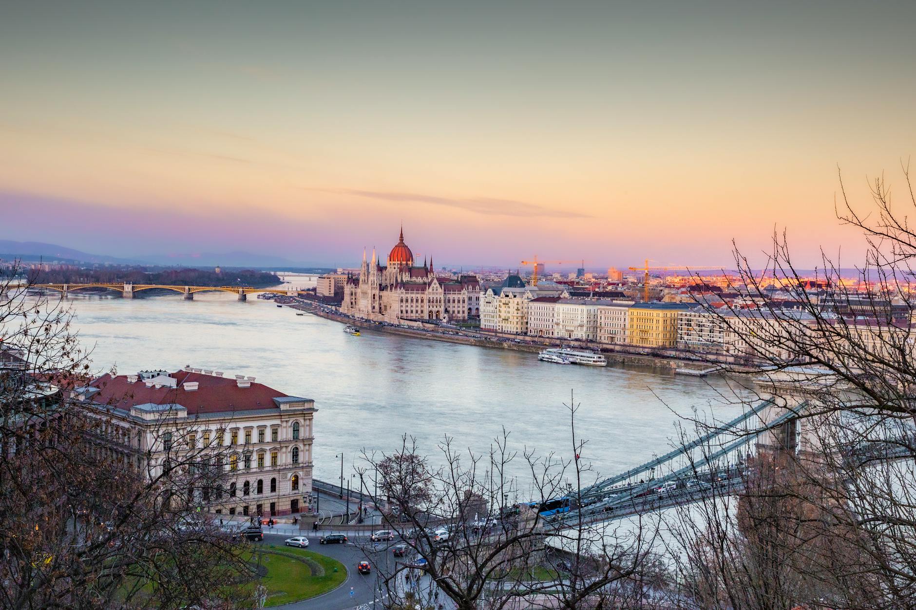 aerial view of cityscape of budapest with szechenyi chain bridge and danube river