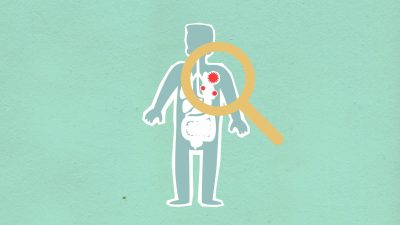 paper cutout of man with viruses under magnifier
