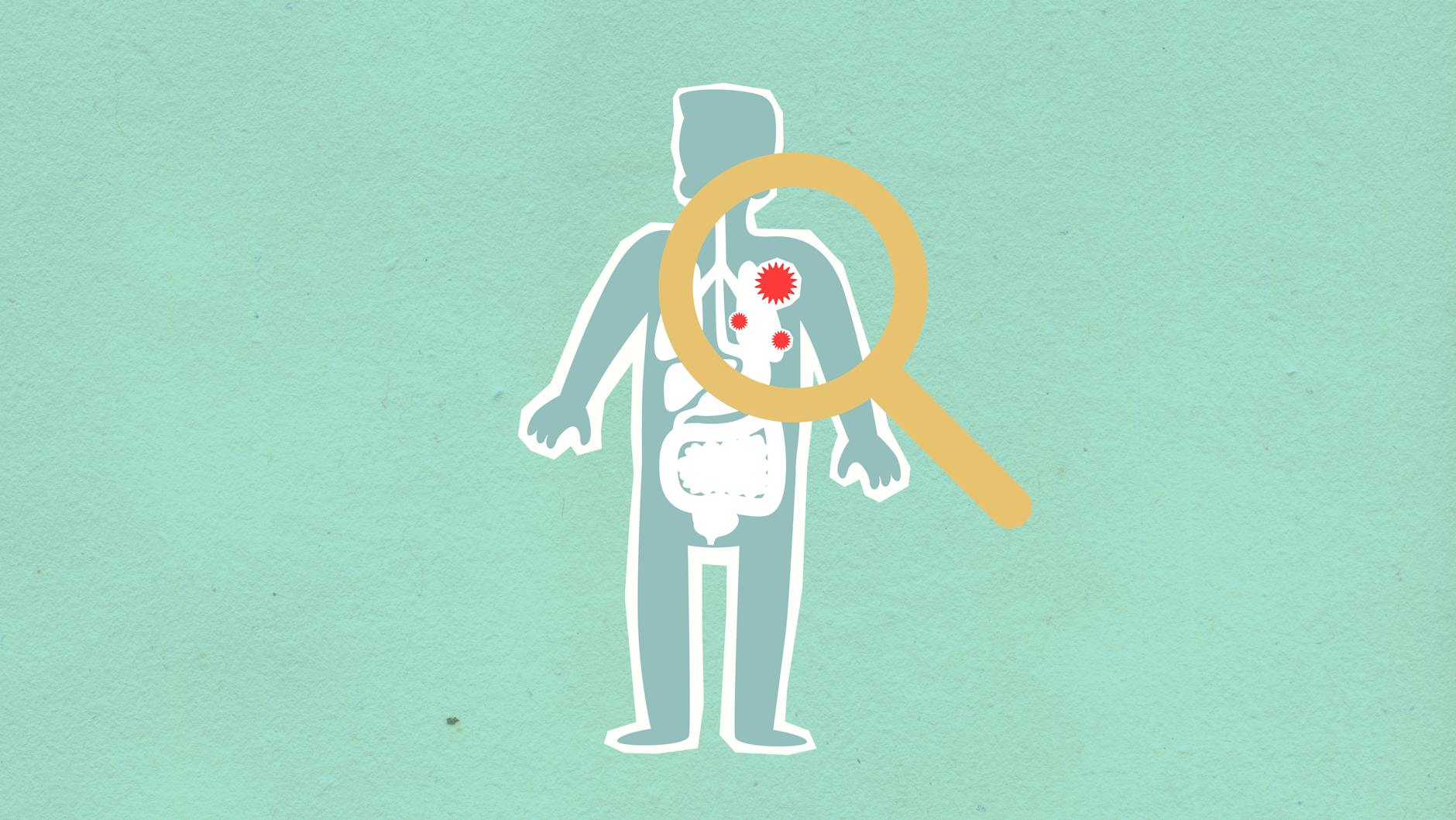 paper cutout of man with viruses under magnifier
