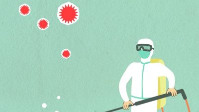 cutout paper illustration of cleaner disinfecting area with infectious bacteria