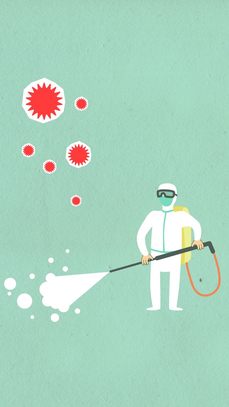 cutout paper illustration of cleaner disinfecting area with infectious bacteria