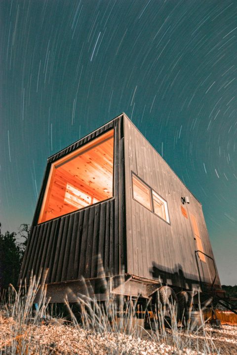 low angle shot of building at night