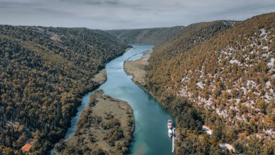 drone shot of krka river in croatia