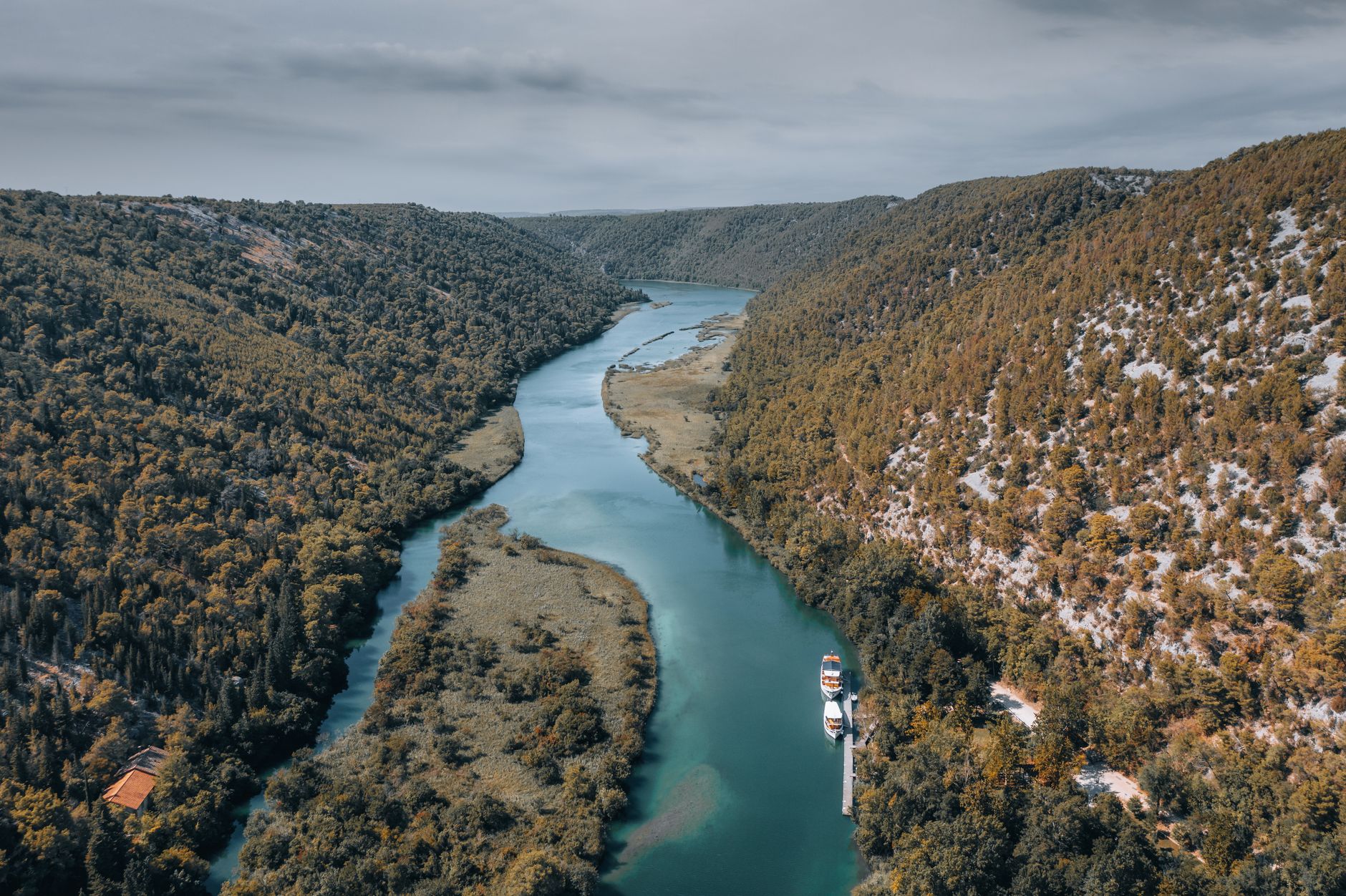 drone shot of krka river in croatia