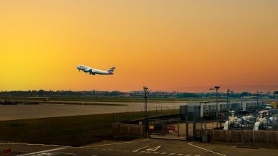 an airplane taking off in an airport