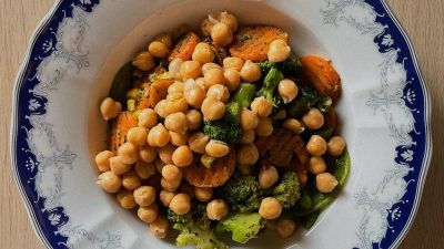 meal on a blue plated plate