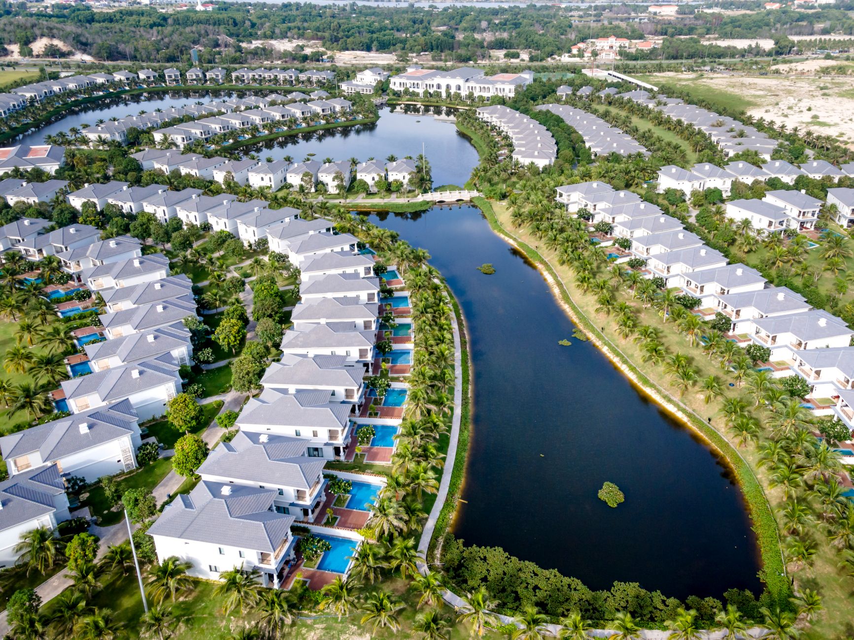 aerial view of villas near the lake