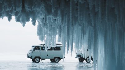 cars on a frozen lake